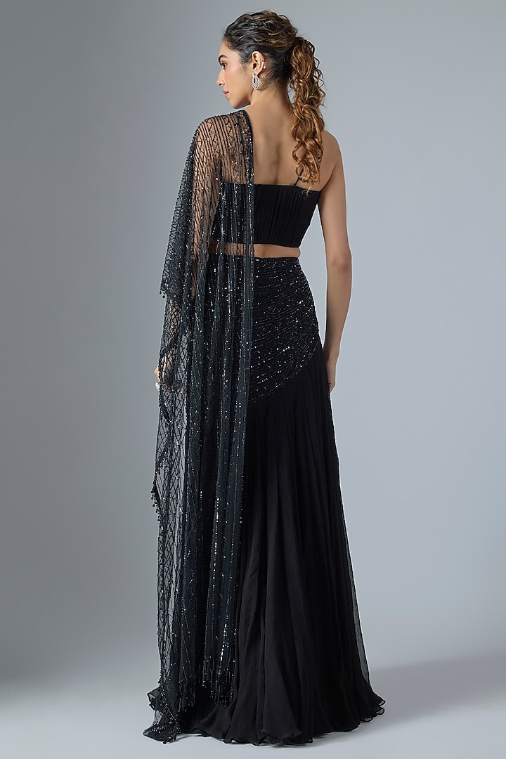 Black Net Organza Scalloped Embroidered Gathered Skirt Wedding Saree Set by COUTURE BY NIHARIKA at Pernia's Pop Up Shop