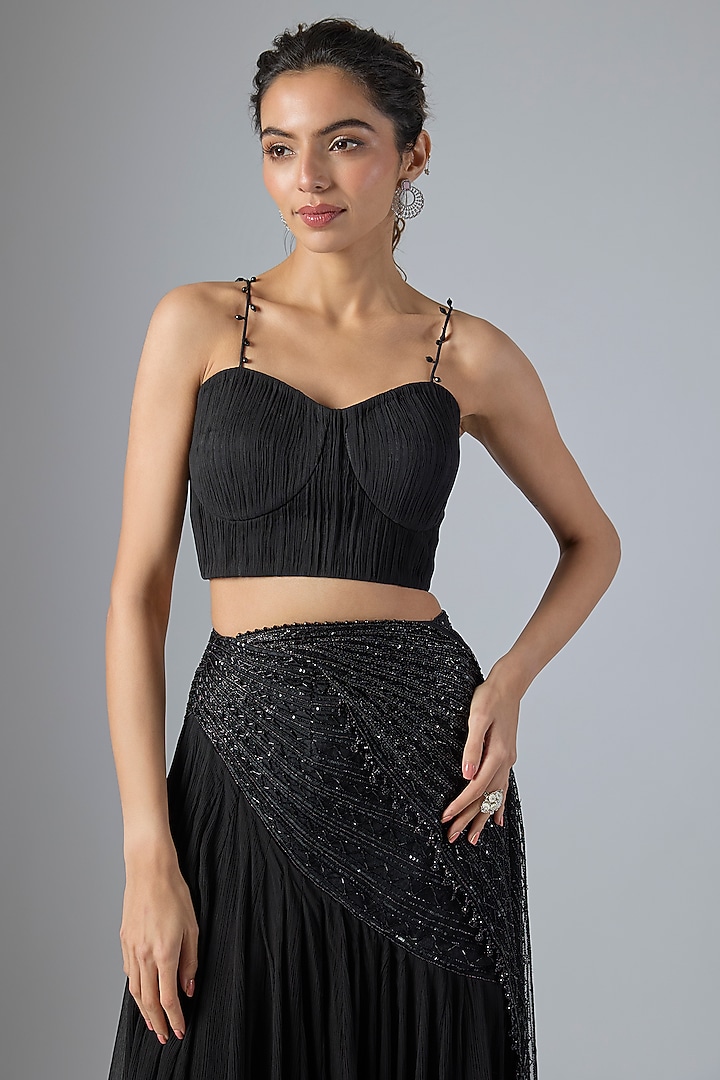 Black Net Organza Scalloped Embroidered Gathered Skirt Wedding Saree Set by COUTURE BY NIHARIKA at Pernia's Pop Up Shop