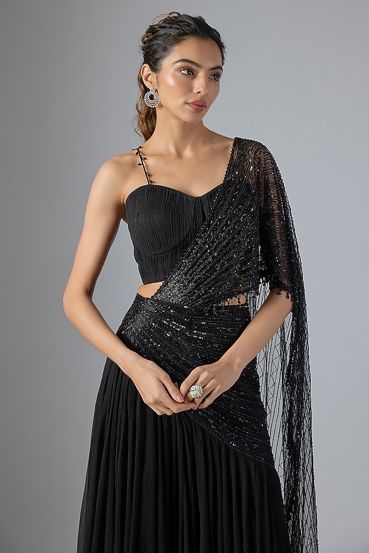 Black Net Organza Scalloped Embroidered Gathered Skirt Wedding Saree Set by COUTURE BY NIHARIKA at Pernia's Pop Up Shop