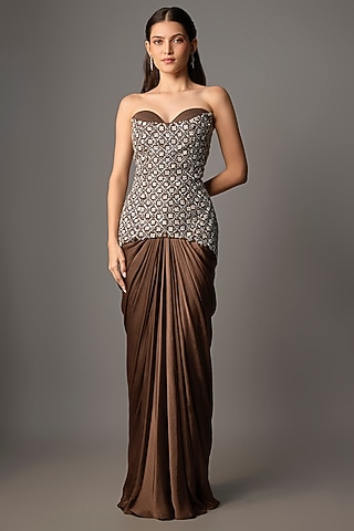 Coffee Mocha Pure Satin & Organza Skirt Set by COUTURE BY NIHARIKA