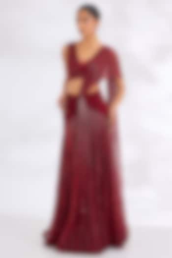 Marcella Red Net Embroidered Reception Lehenga Saree Set by COUTURE BY NIHARIKA at Pernia's Pop Up Shop