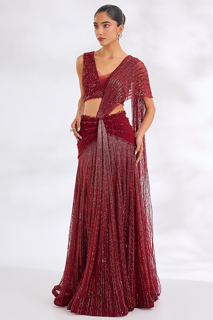 Marcella Red Net Embroidered Reception Lehenga Saree Set by COUTURE BY NIHARIKA at Pernia's Pop Up Shop