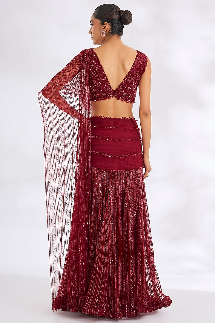 Marcella Red Net Embroidered Reception Lehenga Saree Set by COUTURE BY NIHARIKA at Pernia's Pop Up Shop