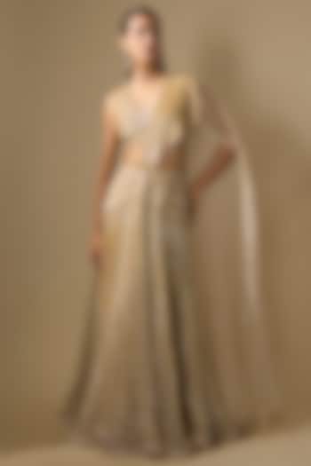 Gold & Grey Net Embroidered Reception Lehenga Saree Set by COUTURE BY NIHARIKA at Pernia's Pop Up Shop