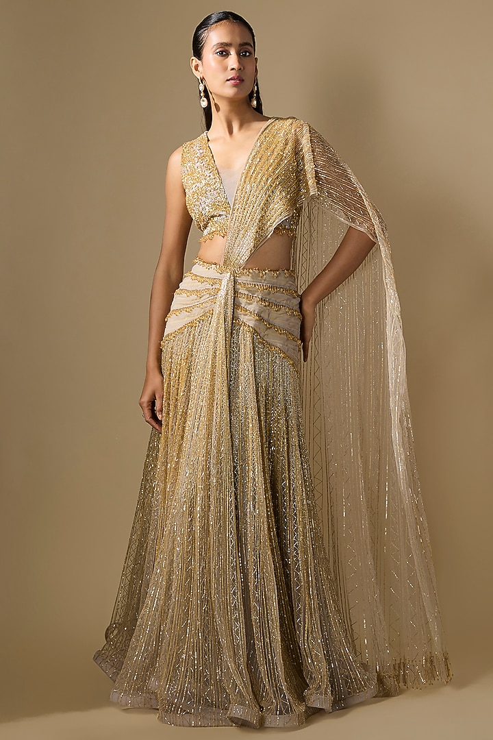 Gold & Grey Net Embroidered Reception Lehenga Saree Set by COUTURE BY NIHARIKA at Pernia's Pop Up Shop