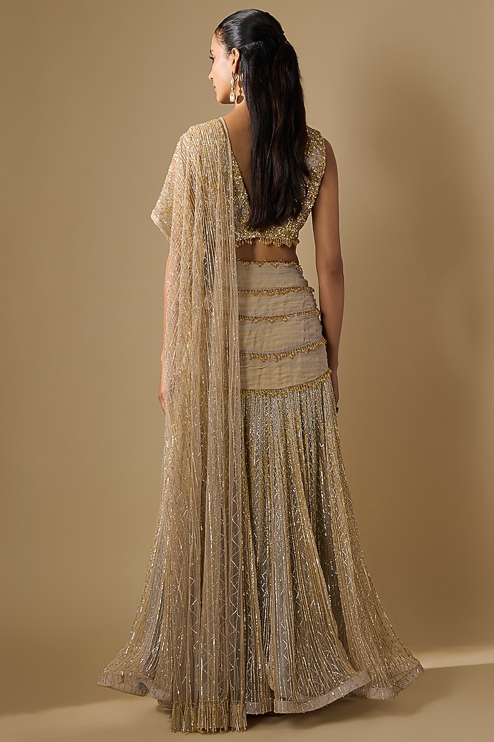 Gold & Grey Net Embroidered Reception Lehenga Saree Set by COUTURE BY NIHARIKA at Pernia's Pop Up Shop