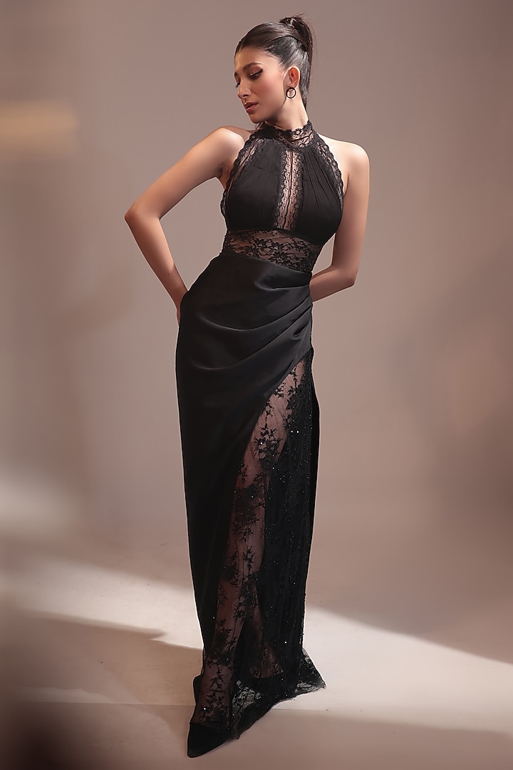 Black Lace Draped Skirt Set by COUTURE BY NIHARIKA at Pernia's Pop Up Shop