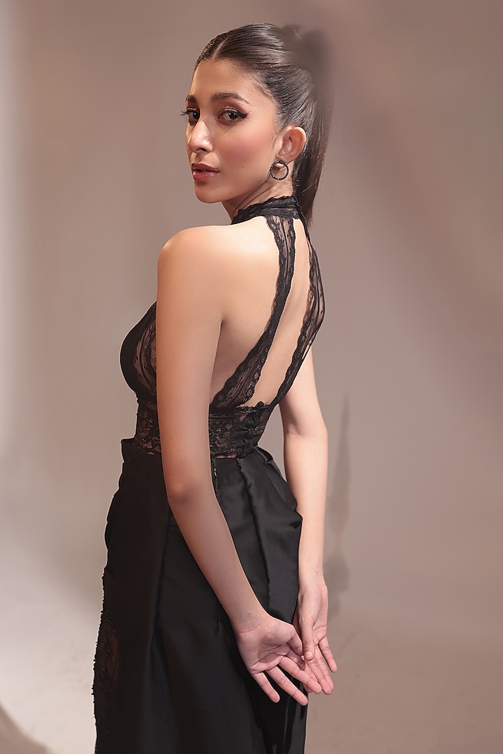 Black Lace Draped Skirt Set by COUTURE BY NIHARIKA at Pernia's Pop Up Shop