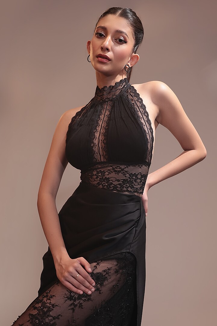 Black Lace Draped Skirt Set by COUTURE BY NIHARIKA at Pernia's Pop Up Shop