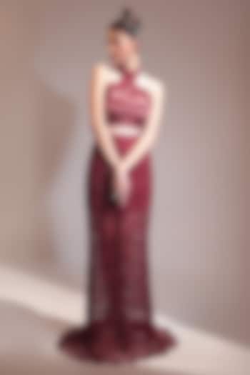 Marsala Red Net Hand Embroidered Skirt Set by COUTURE BY NIHARIKA at Pernia's Pop Up Shop
