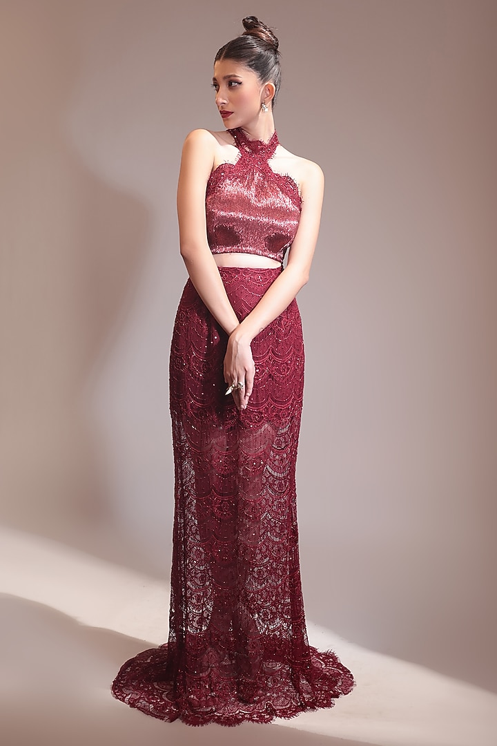 Marsala Red Net Hand Embroidered Skirt Set by COUTURE BY NIHARIKA at Pernia's Pop Up Shop