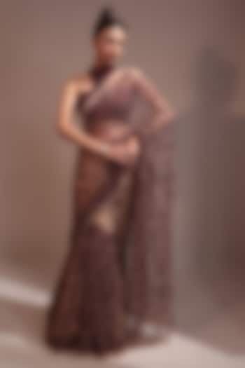 Red & Beige Net Cutdana Embroidered Wedding Saree Set by COUTURE BY NIHARIKA at Pernia's Pop Up Shop