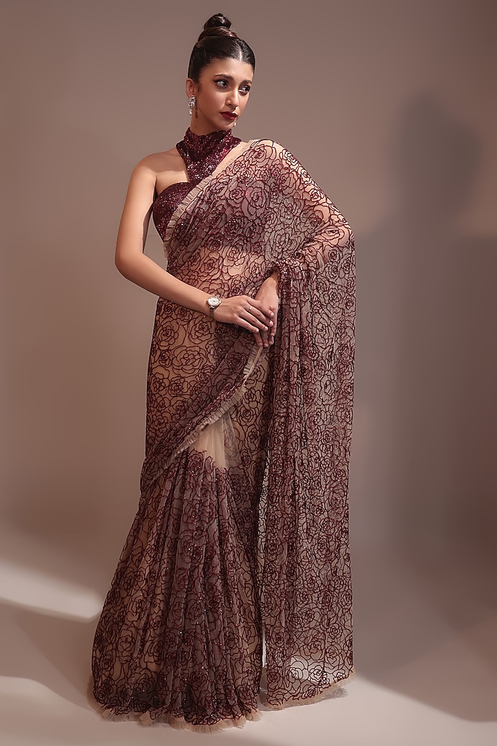 Red & Beige Net Cutdana Embroidered Wedding Saree Set by COUTURE BY NIHARIKA at Pernia's Pop Up Shop
