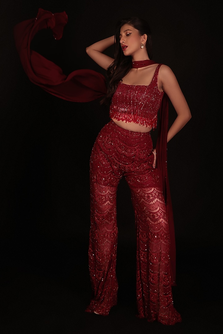 Marsala Red Net Pant Set by COUTURE BY NIHARIKA at Pernia's Pop Up Shop