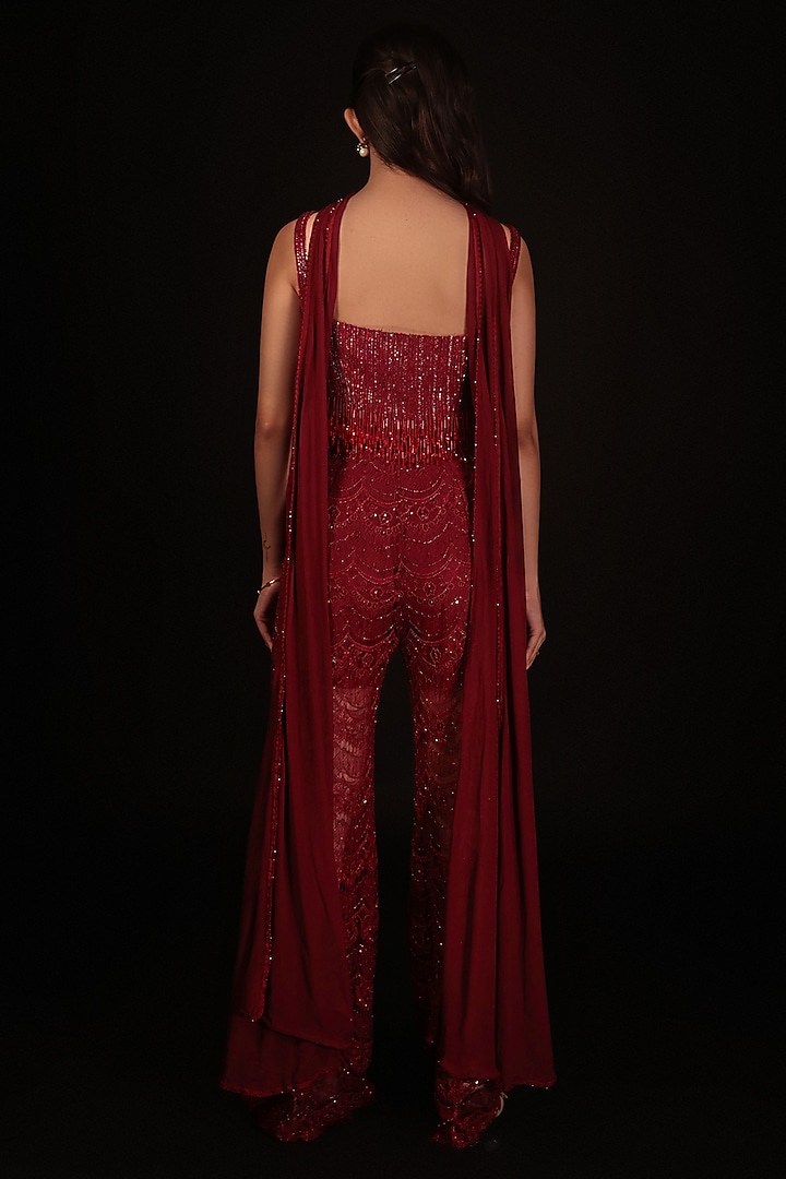 Marsala Red Net Pant Set by COUTURE BY NIHARIKA at Pernia's Pop Up Shop