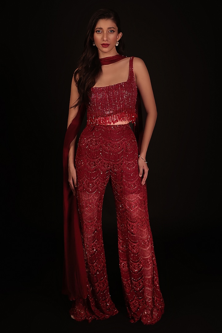 Marsala Red Net Pant Set by COUTURE BY NIHARIKA at Pernia's Pop Up Shop
