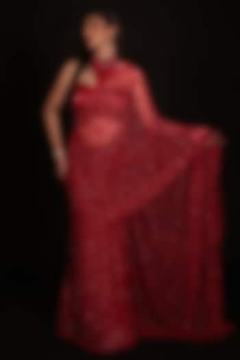 Red Net Cutdana Embroidered Wedding Saree Set by COUTURE BY NIHARIKA at Pernia's Pop Up Shop