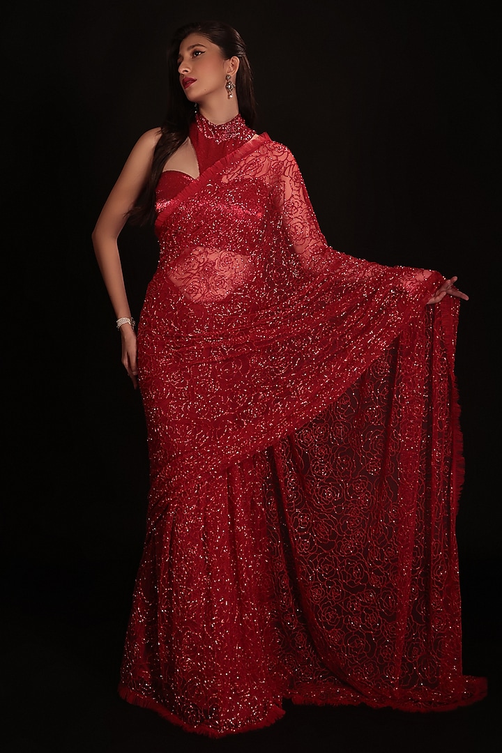 Red Net Cutdana Embroidered Wedding Saree Set by COUTURE BY NIHARIKA at Pernia's Pop Up Shop