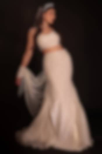 Ivory Net Sequin Embroidered Draped Skirt Set by COUTURE BY NIHARIKA at Pernia's Pop Up Shop