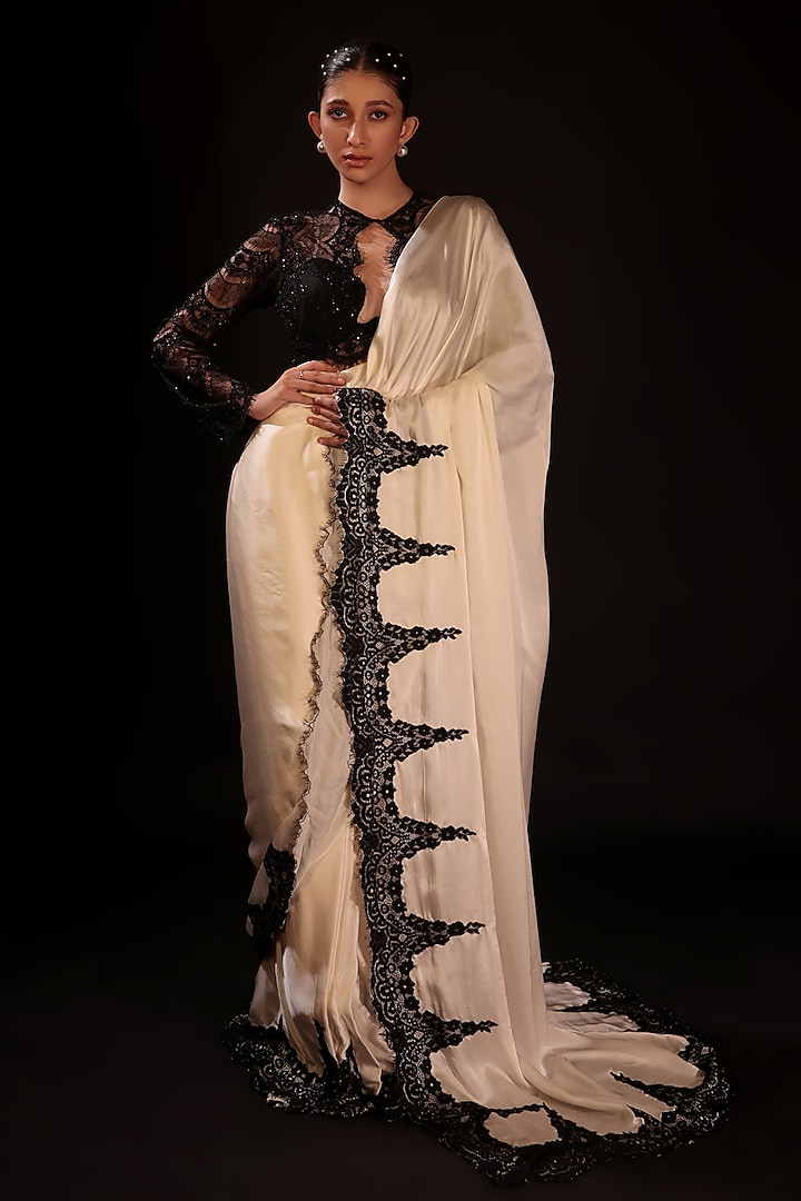 Ivory Pure Satin Lace Embroidered Draped Wedding Saree Set by COUTURE BY NIHARIKA at Pernia's Pop Up Shop