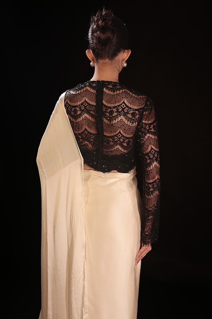 Ivory Pure Satin Lace Embroidered Draped Wedding Saree Set by COUTURE BY NIHARIKA at Pernia's Pop Up Shop