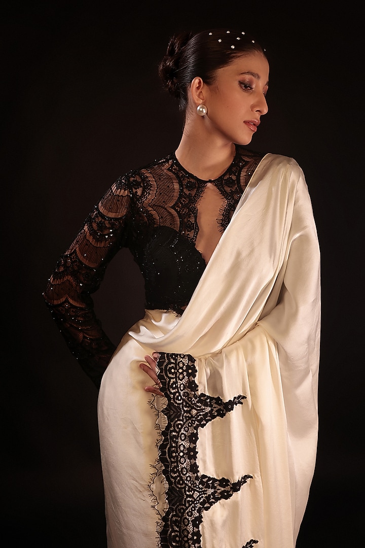 Ivory Pure Satin Lace Embroidered Draped Wedding Saree Set by COUTURE BY NIHARIKA at Pernia's Pop Up Shop