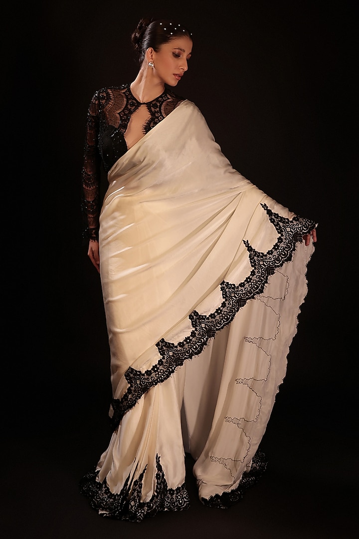 Ivory Pure Satin Lace Embroidered Draped Wedding Saree Set by COUTURE BY NIHARIKA at Pernia's Pop Up Shop