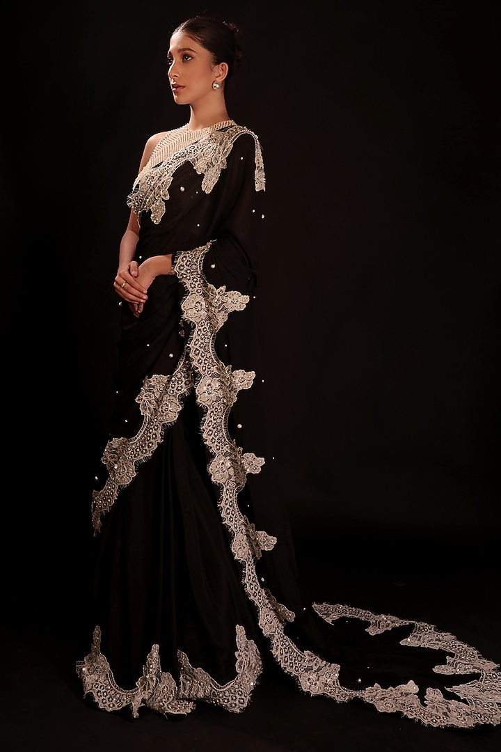 Black Chiffon Pearl Embroidered Wedding Saree Set by COUTURE BY NIHARIKA at Pernia's Pop Up Shop