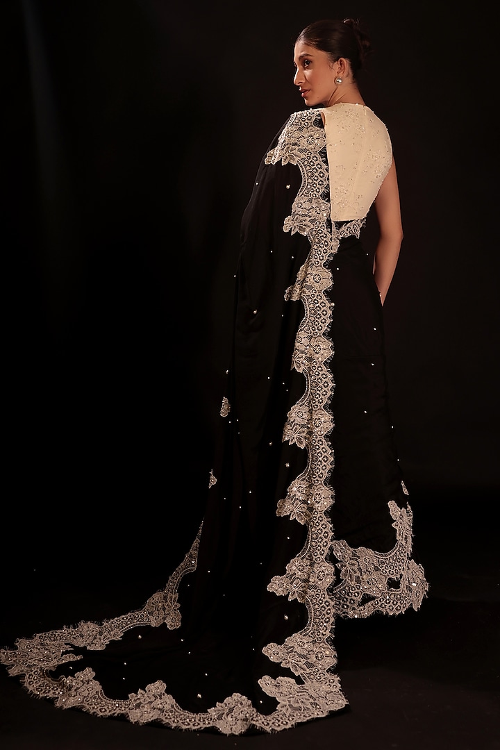Black Chiffon Pearl Embroidered Wedding Saree Set by COUTURE BY NIHARIKA at Pernia's Pop Up Shop