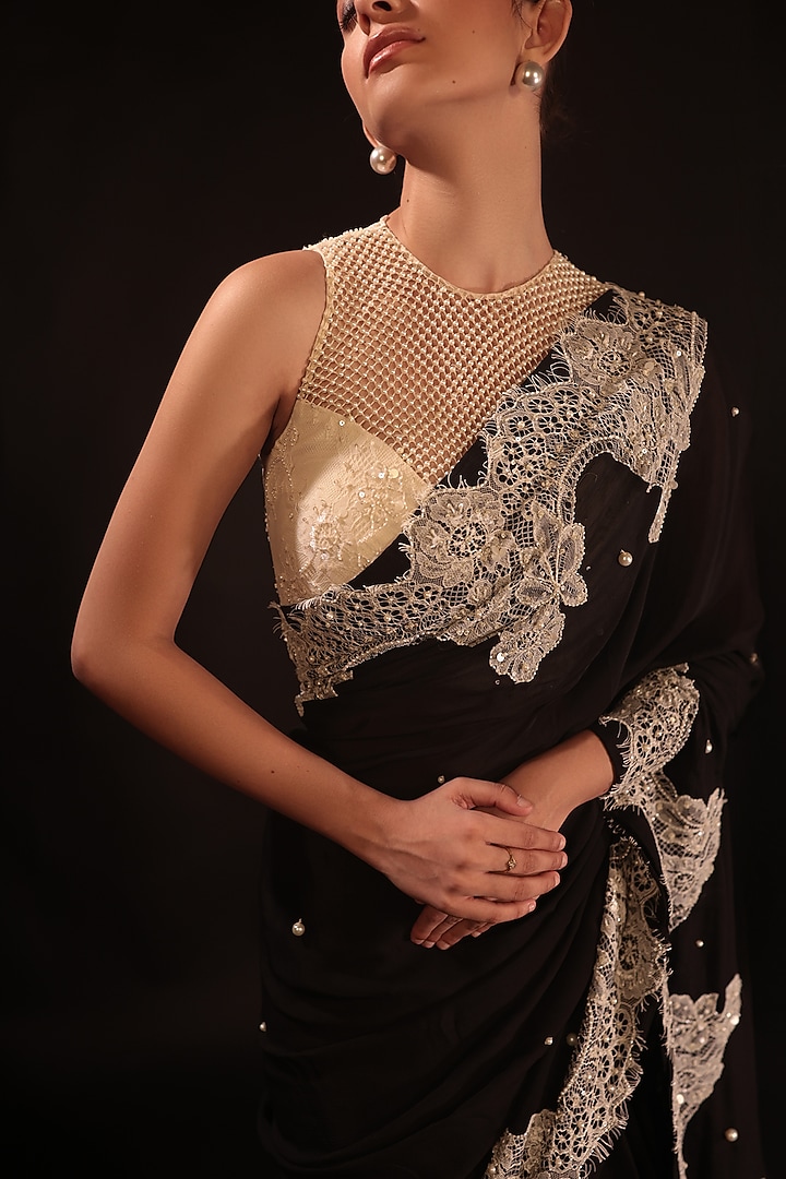 Black Chiffon Pearl Embroidered Wedding Saree Set by COUTURE BY NIHARIKA at Pernia's Pop Up Shop