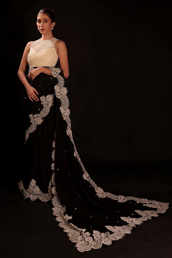 Black Chiffon Pearl Embroidered Wedding Saree Set by COUTURE BY NIHARIKA at Pernia's Pop Up Shop