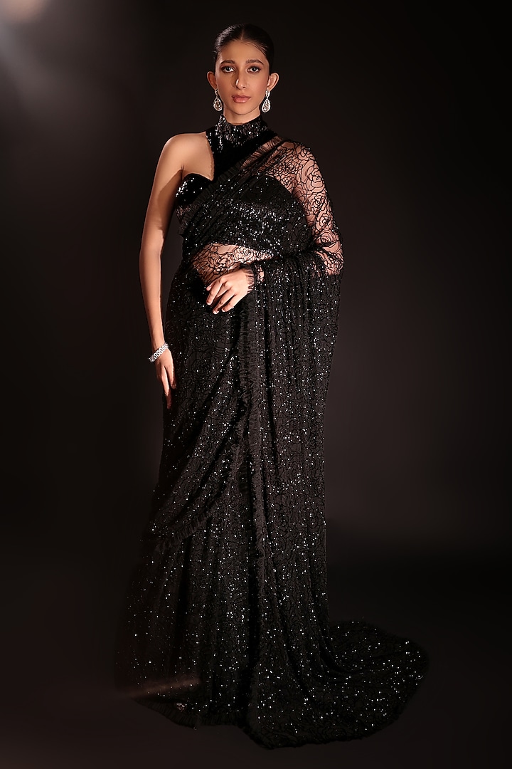 Black Net Cutdana Embroidered Wedding Saree Set by COUTURE BY NIHARIKA at Pernia's Pop Up Shop
