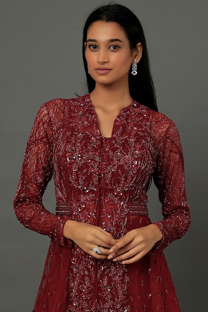Red Embroidered Jacket Set by COUTURE BY NIHARIKA at Pernia's Pop Up Shop