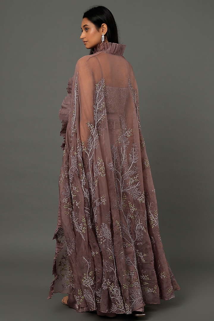 Dusty Purple Organza Sequins Embroidered Cape Set by COUTURE BY NIHARIKA at Pernia's Pop Up Shop