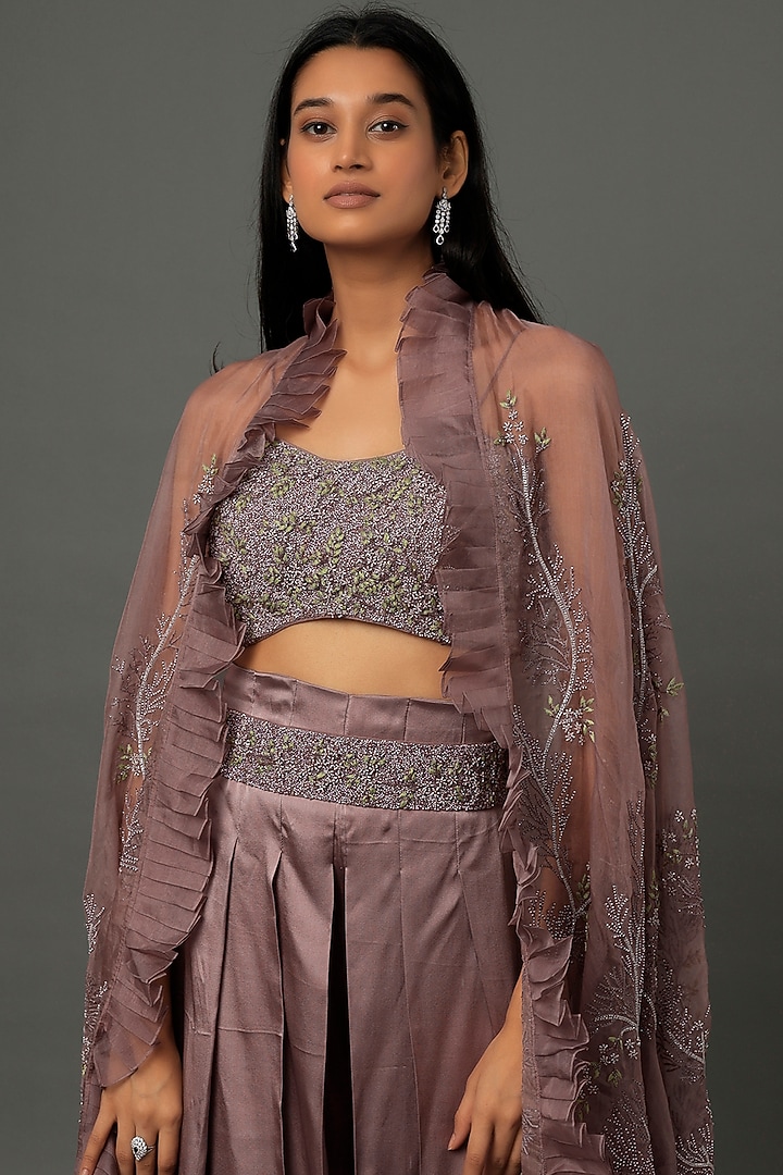 Dusty Purple Organza Sequins Embroidered Cape Set by COUTURE BY NIHARIKA at Pernia's Pop Up Shop