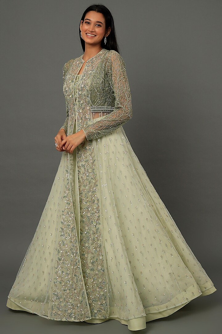 Mint Green Embroidered Jacket Set by COUTURE BY NIHARIKA
