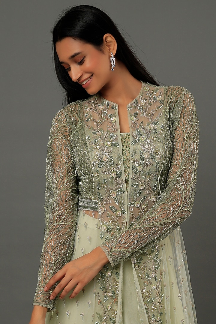 Mint Green Embroidered Jacket Set by COUTURE BY NIHARIKA at Pernia's Pop Up Shop