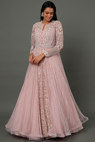 Peach Embroidered Jacket Set by COUTURE BY NIHARIKA