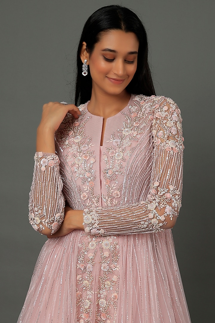 Peach Embroidered Jacket Set by COUTURE BY NIHARIKA at Pernia's Pop Up Shop