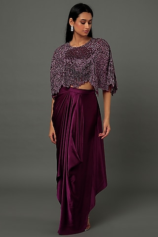 Wine Pure Satin Draped Skirt Set by COUTURE BY NIHARIKA