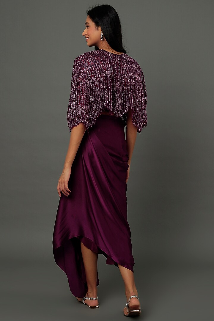 Wine Pure Satin Draped Skirt Set by COUTURE BY NIHARIKA at Pernia's Pop Up Shop