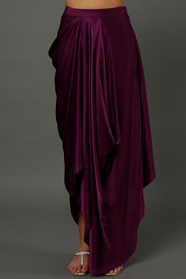 Wine Pure Satin Draped Skirt Set by COUTURE BY NIHARIKA at Pernia's Pop Up Shop