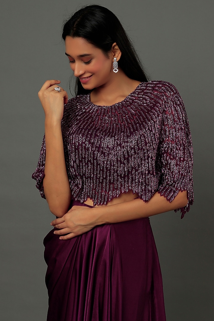 Wine Pure Satin Draped Skirt Set by COUTURE BY NIHARIKA at Pernia's Pop Up Shop