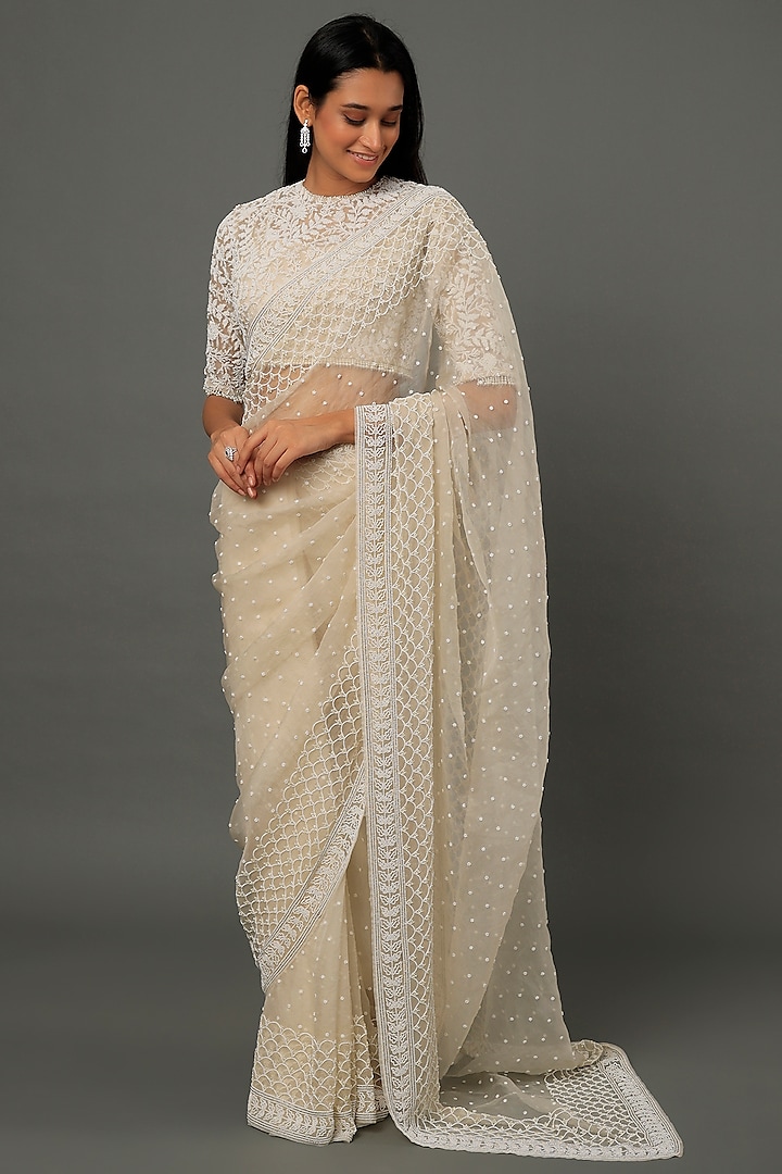 White Organza Pearl Embroidered Saree Set by COUTURE BY NIHARIKA