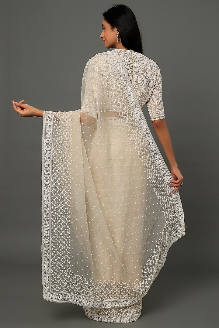 White Organza Pearl Embroidered Reception Saree Set by COUTURE BY NIHARIKA at Pernia's Pop Up Shop