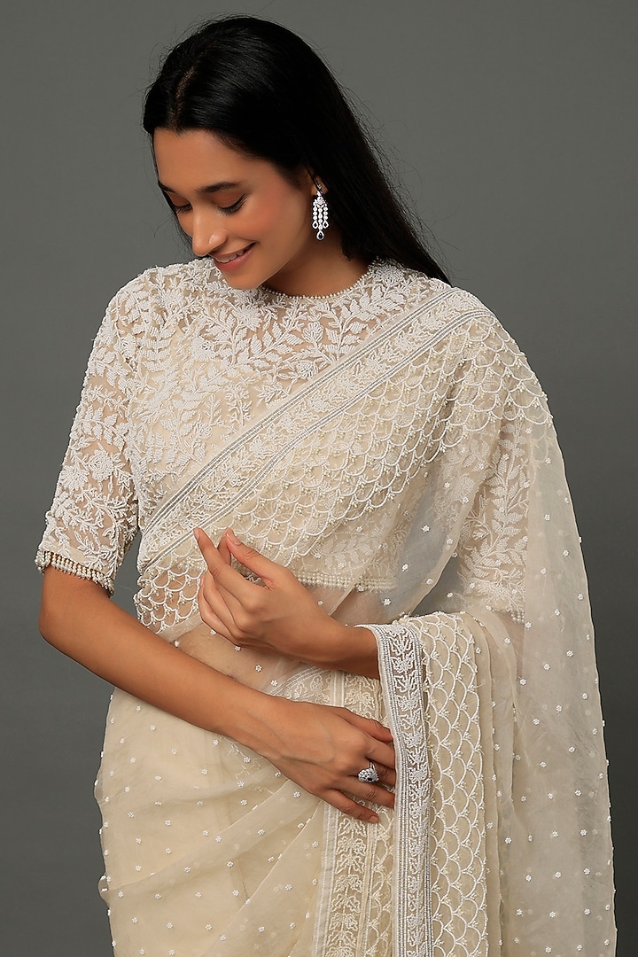 White Organza Pearl Embroidered Reception Saree Set by COUTURE BY NIHARIKA at Pernia's Pop Up Shop