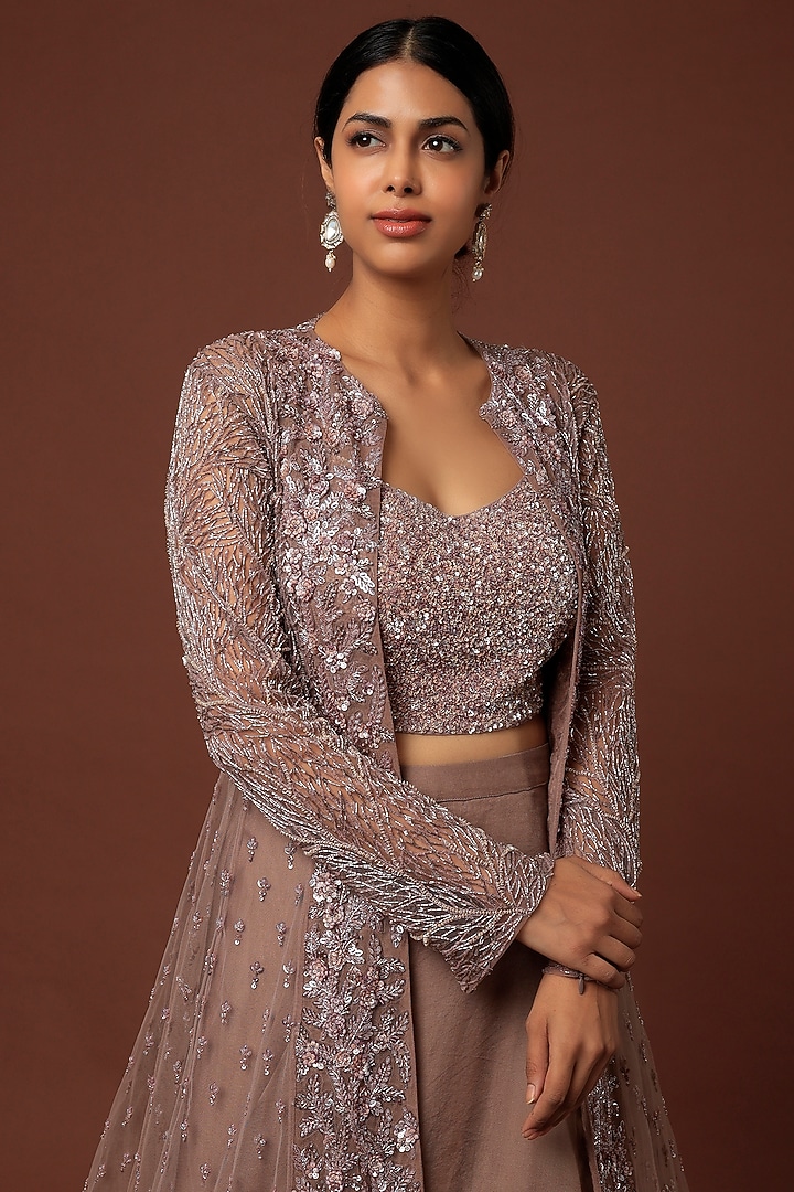 Purple Embroidered Jacket Set by COUTURE BY NIHARIKA at Pernia's Pop Up Shop