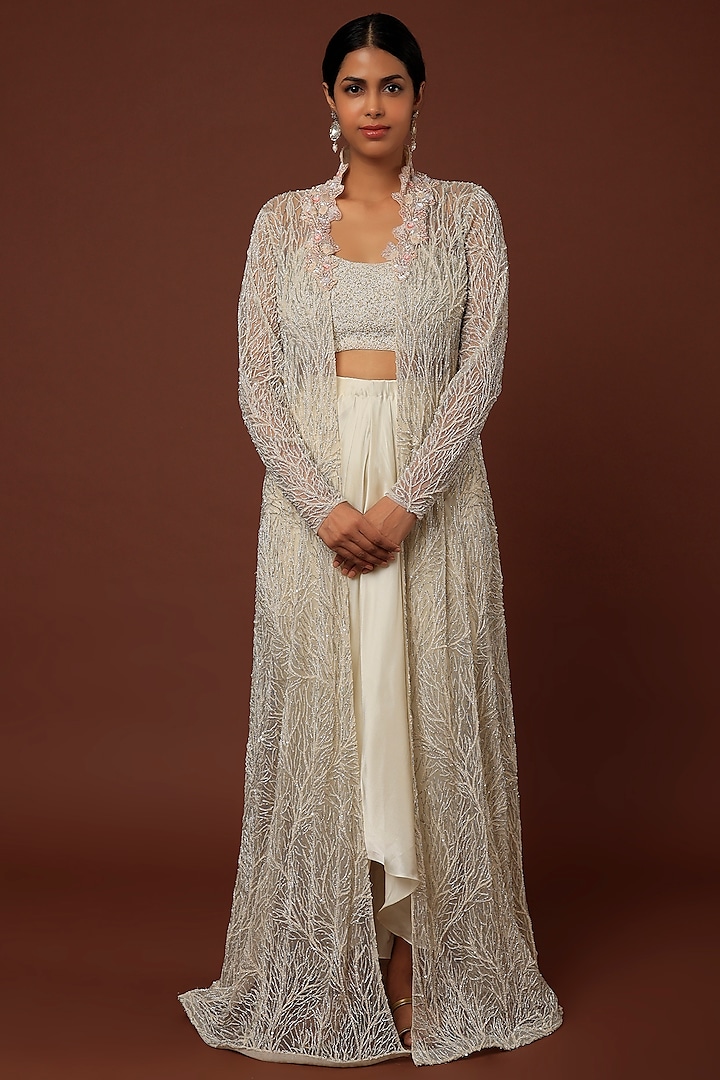 White Embroidered Jacket Set by COUTURE BY NIHARIKA