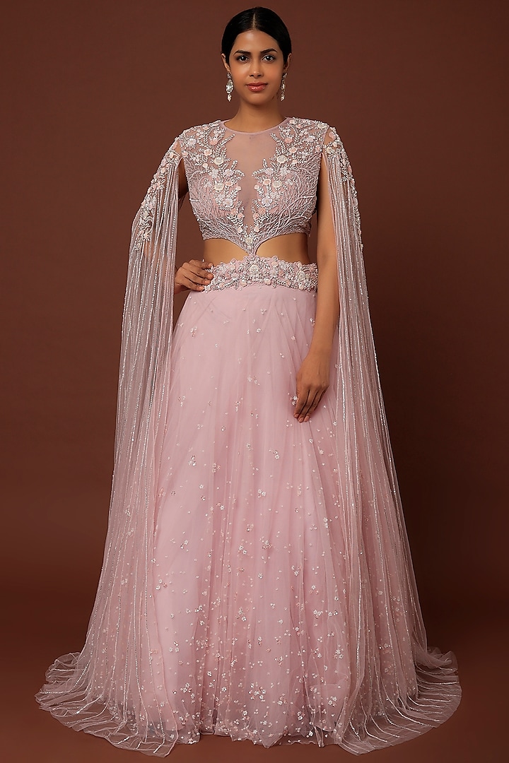 Lilac Pink Net Embroidered Wedding Lehenga Set by COUTURE BY NIHARIKA at Pernia's Pop Up Shop