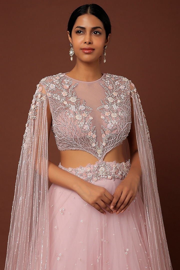 Lilac Pink Net Embroidered Wedding Lehenga Set by COUTURE BY NIHARIKA at Pernia's Pop Up Shop